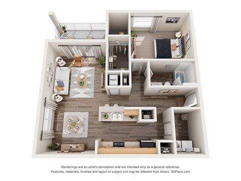 Floor plan for 1 bed, 1 bath, 921 sqft